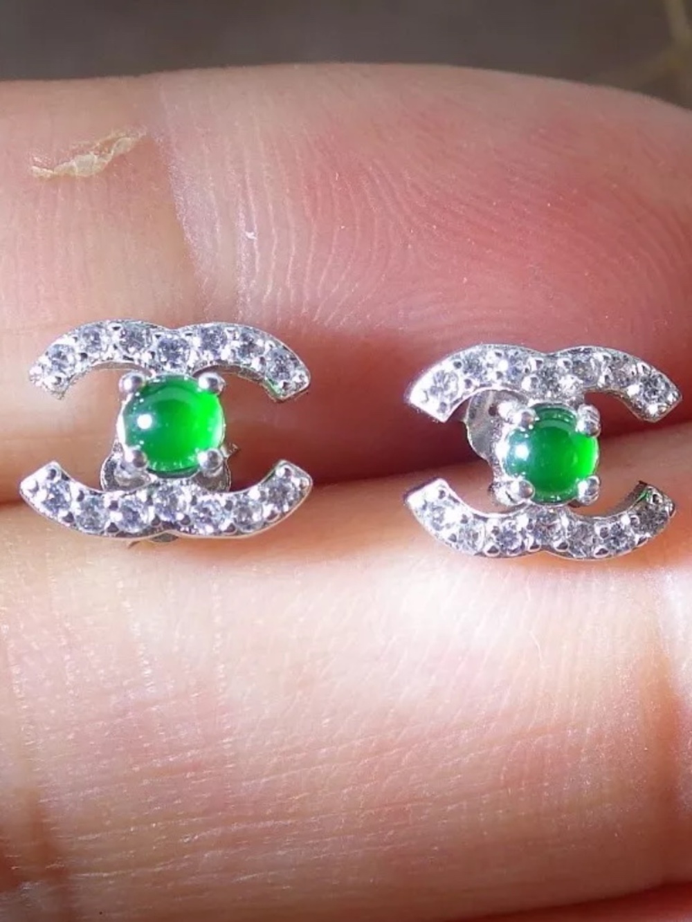Sterling Silver 925 Green 100% A Jade jadeite Cabochon Earrings耳环